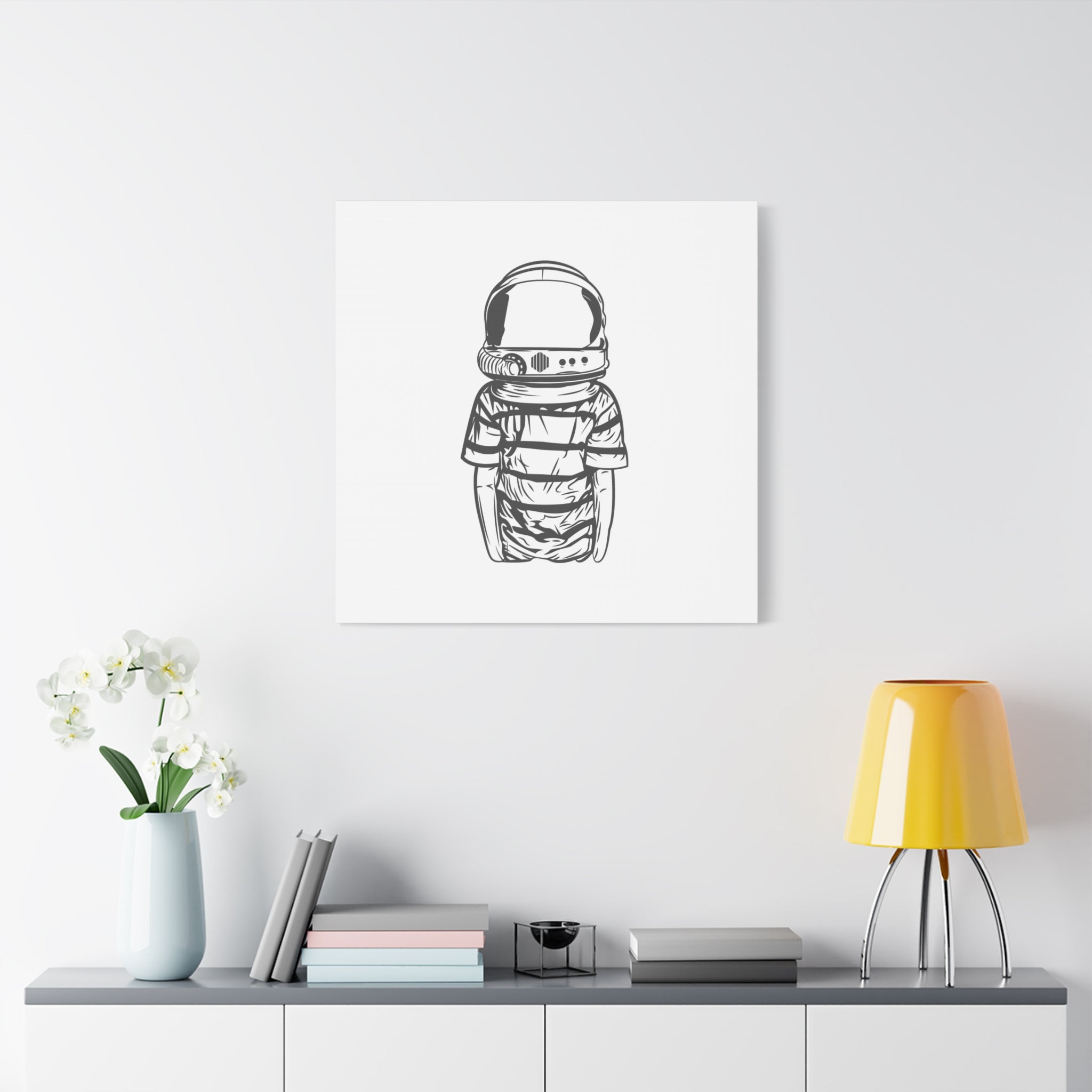 Astronaut Helmet Canvas Print — Minimalist Space Boy Matte Stretched Wall Art