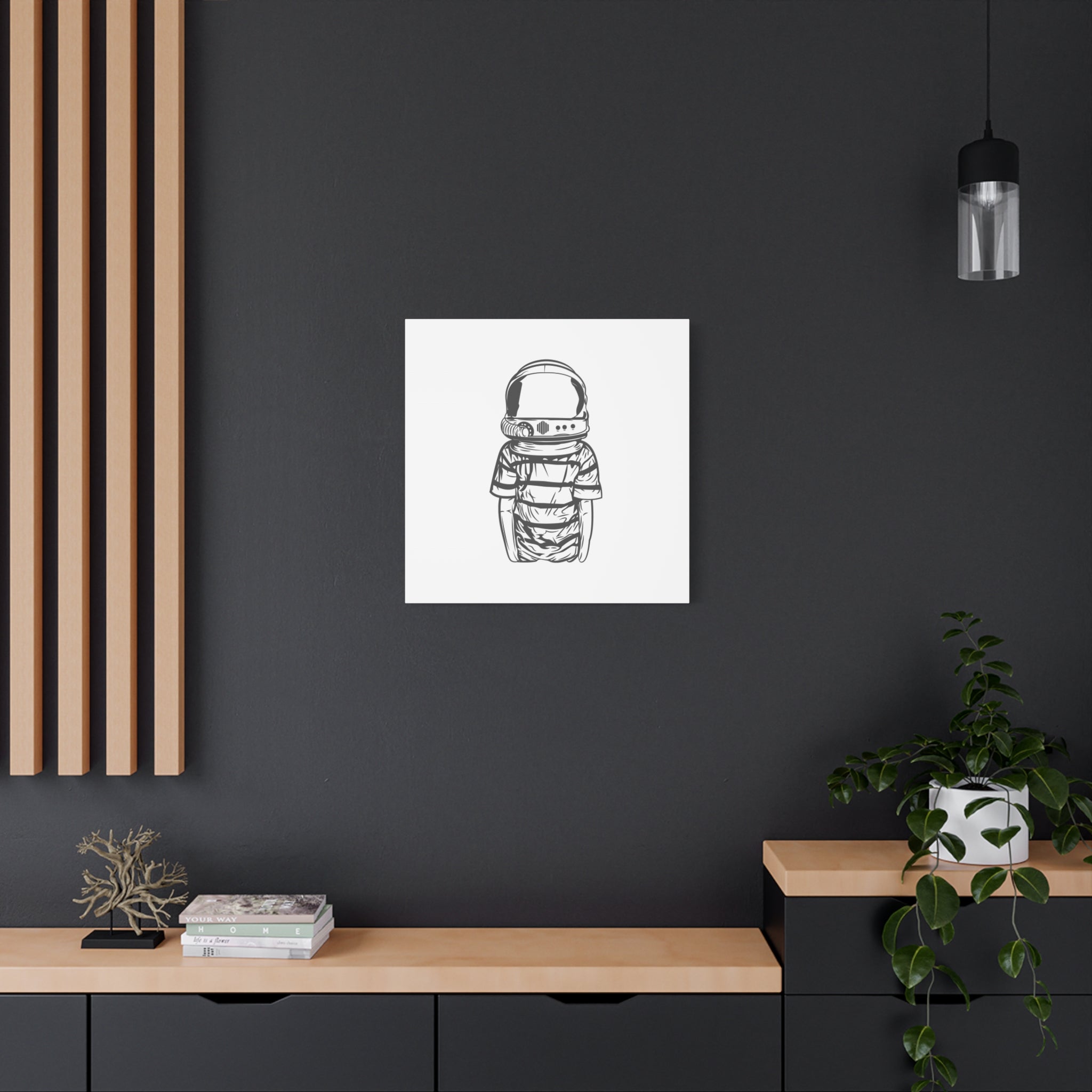 Astronaut Helmet Canvas Print — Minimalist Space Boy Matte Stretched Wall Art