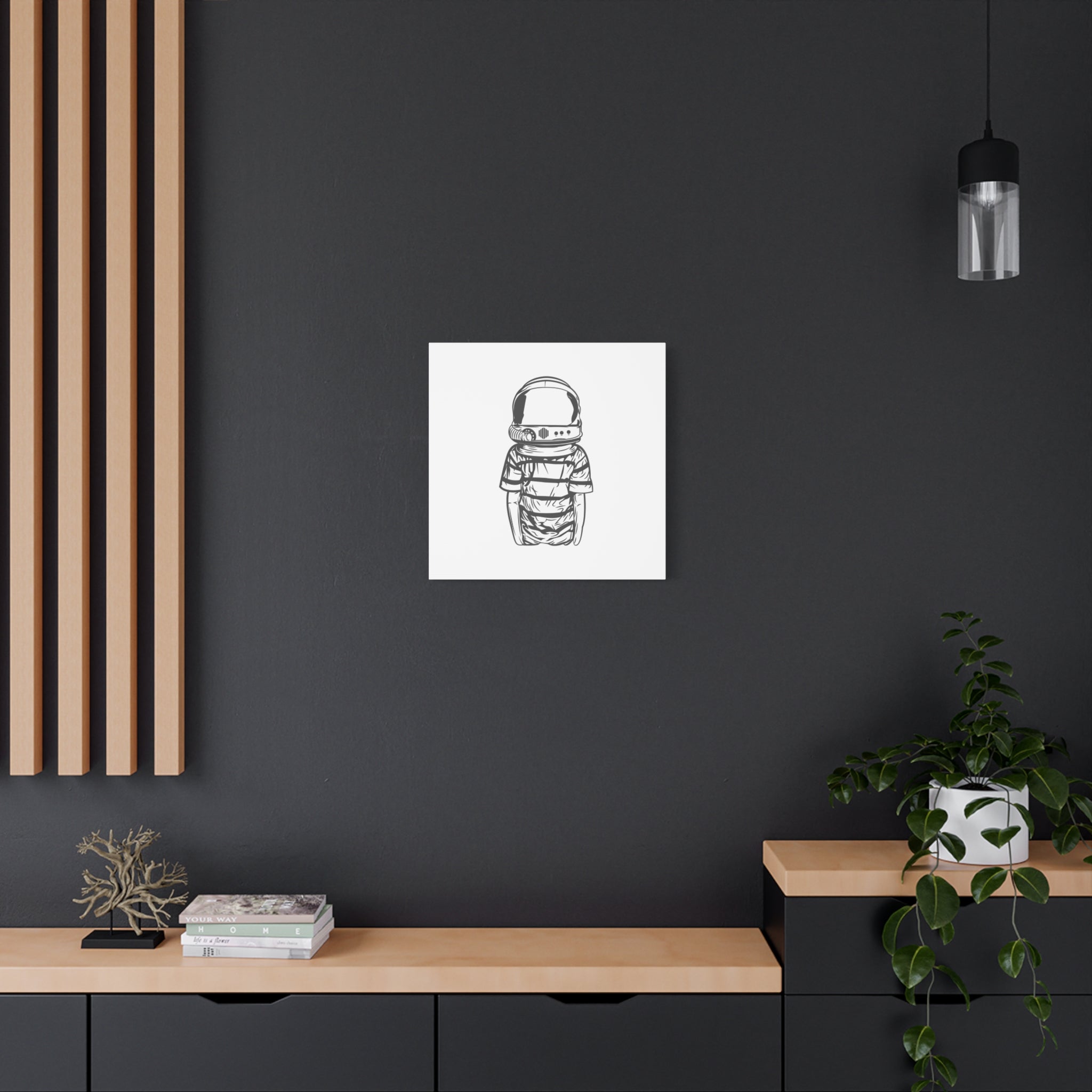 Astronaut Helmet Canvas Print — Minimalist Space Boy Matte Stretched Wall Art