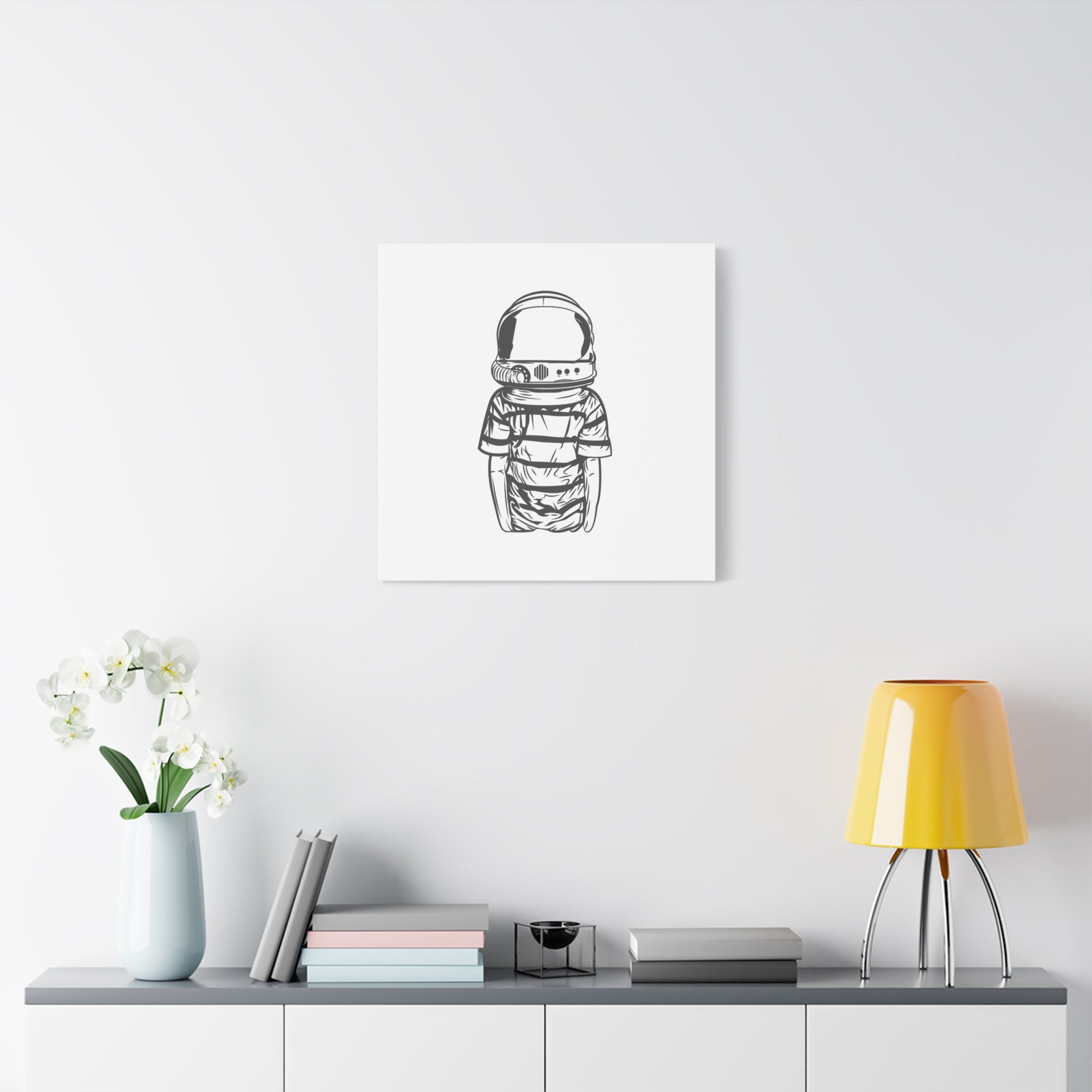 Astronaut Helmet Canvas Print — Minimalist Space Boy Matte Stretched Wall Art