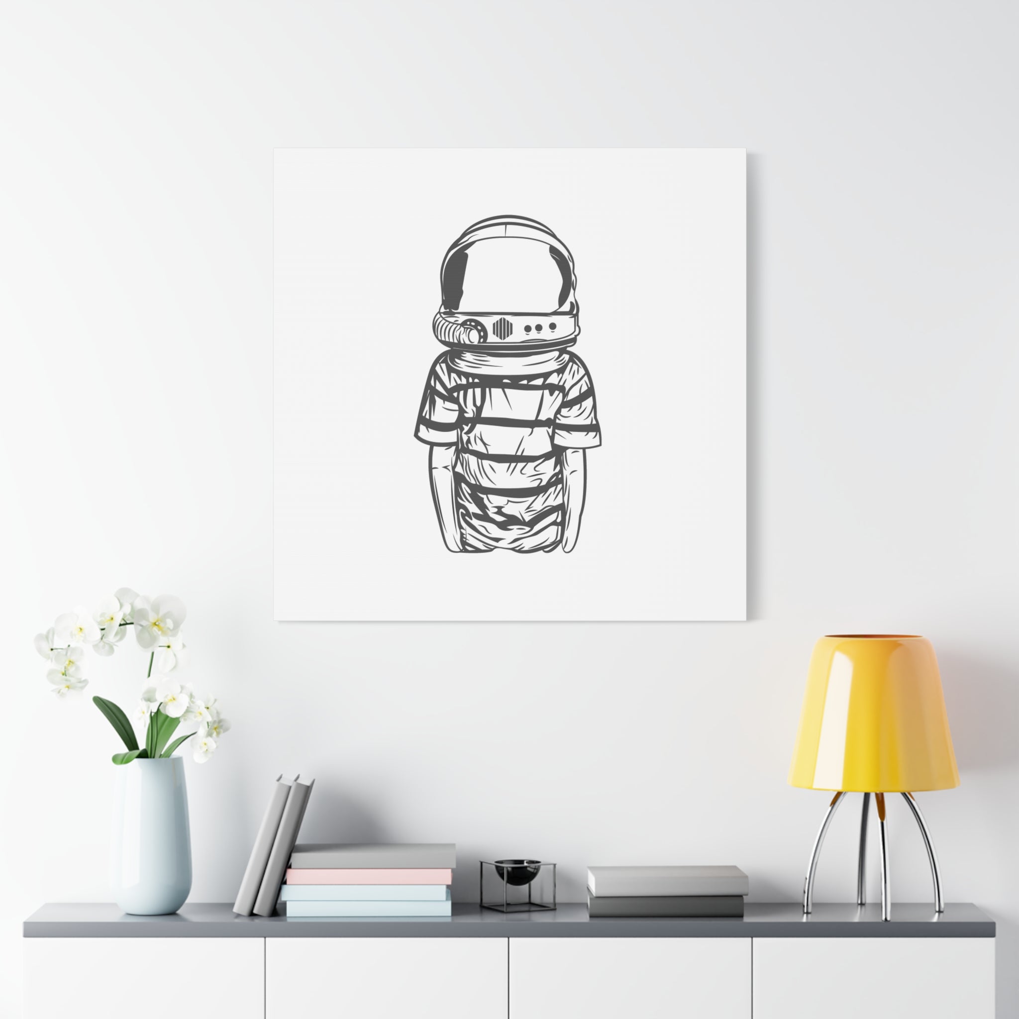 Astronaut Helmet Canvas Print — Minimalist Space Boy Matte Stretched Wall Art