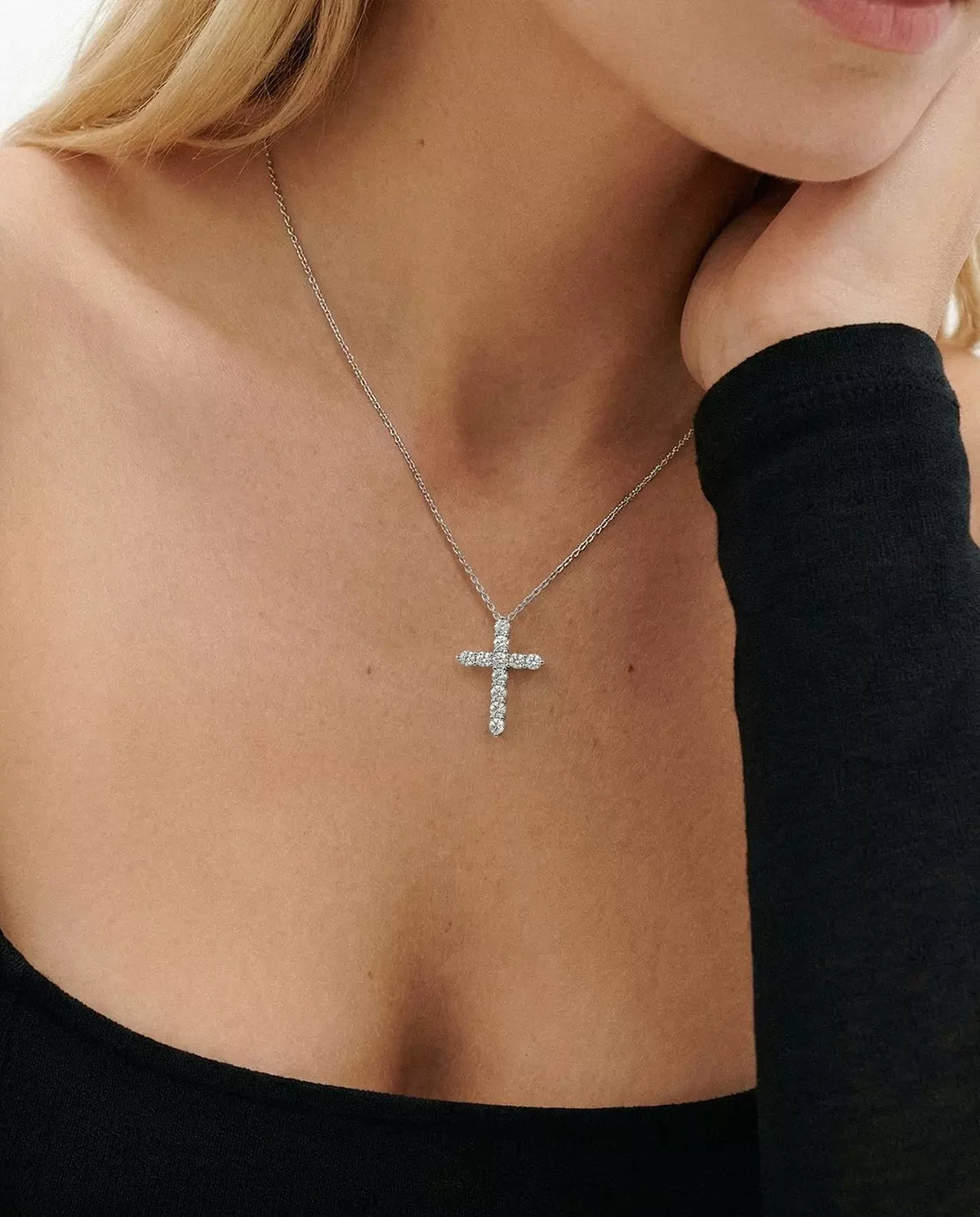 Lab-grown diamond cross necklace worn on an 18 inch chain