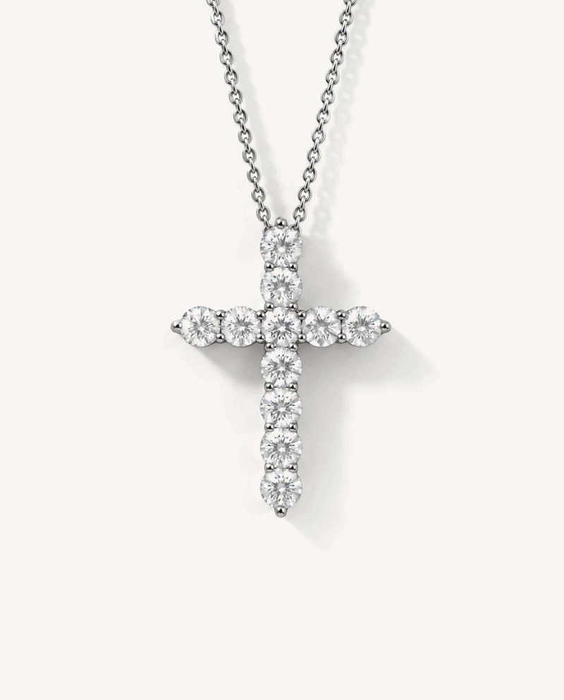 Lab-grown diamond cross pendant necklace in 14K gold, 2 carat, front view